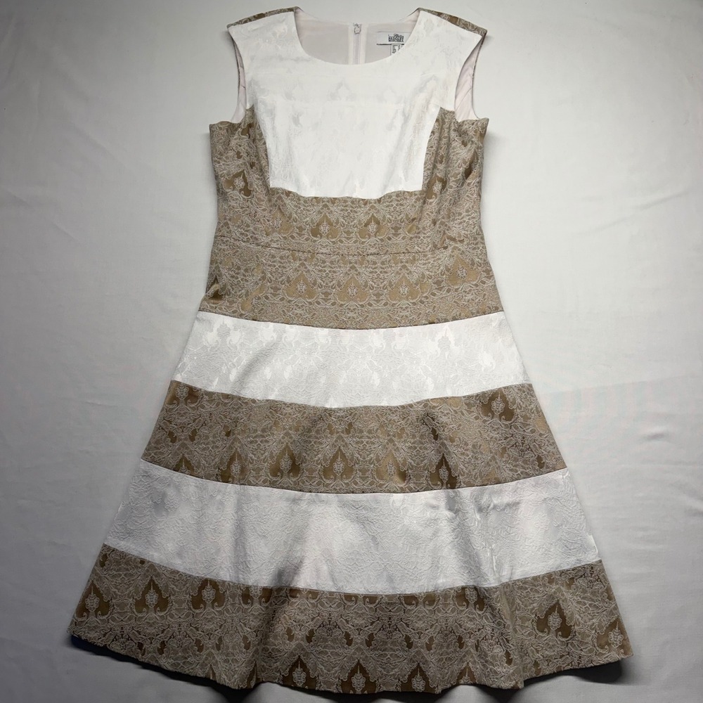 Badgley Mischka Wedding Guest Dress Ivory Gold Jacquard Fit Flare Size 10 Shower